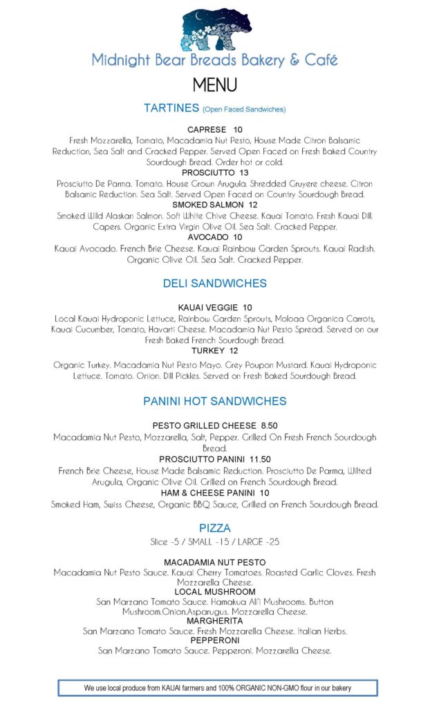 Menu Kauai BakeryMidnight Bear Breads